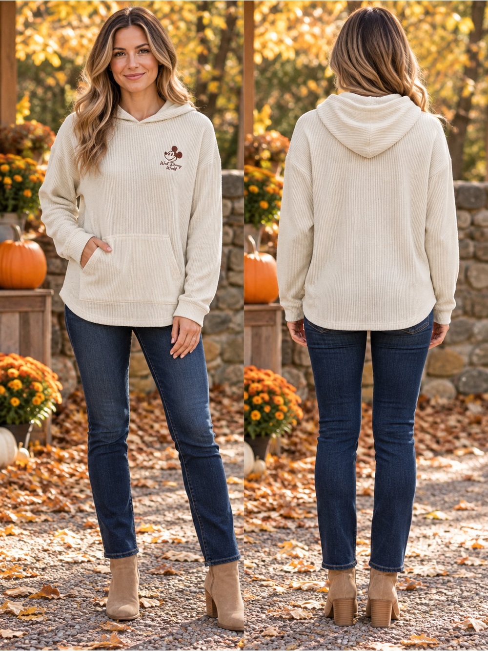 Disney Cream Ribbed Hooded Pullover with Mickey Embroidery